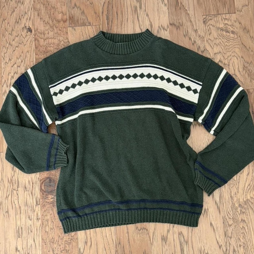 American Vintage Green Sweater with Navy and Cream Stripes